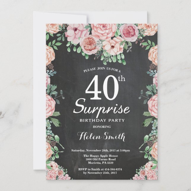 Blommigt Rosa Peonies Surprise 40:e födelsedagen Inbjudningar (Framsida)