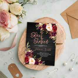 Blommigt Rosa Peony Black Sweet sixteen Birthday Inbjudningar