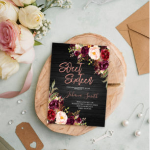 Blommigt Rosa Peony Black Sweet sixteen Birthday Inbjudningar