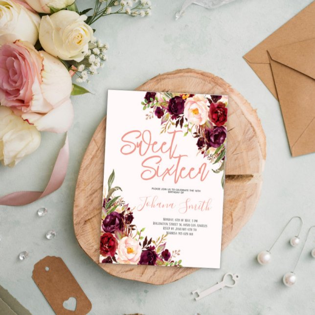 Blommigt Rosa Peony Burgundy sextonde födelsedagen Inbjudningar (Skapare uppladdad)