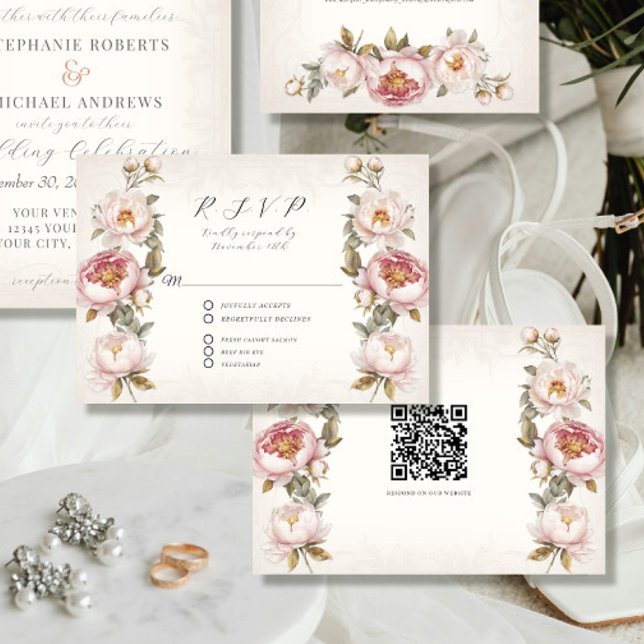 Blommigt Rosa Peony Elegant Vår QR-kod Bröllop OSA Kort (Skapare uppladdad)