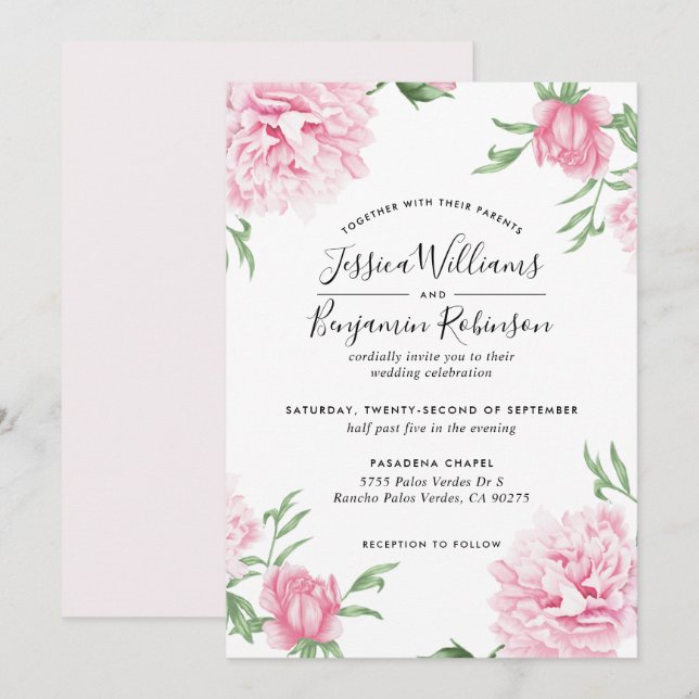 Blommigt Rosa Peony med vit bakgrund Bröllop Inbjudningar (Fram/baksida)