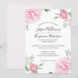 Blommigt Rosa Peony med vit bakgrund Bröllop Inbjudningar