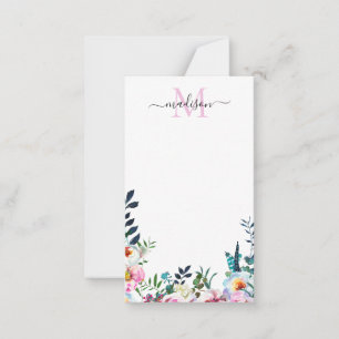 Blommigt Rosa Peony Modern Botanical Monogram Anteckningskort