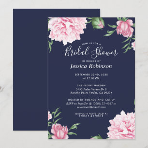Blommigt Rosa Peony Navy Background Möhippa Inbjudningar