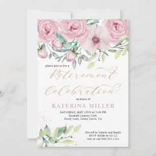 Blommigt Rosa Peony och Guld Calligraphy Pension Inbjudningar