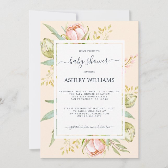Blommigt Rosa Peony Rustic Boho  Baby Shower Inbjudningar (Framsida)