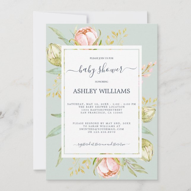 Blommigt Rosa Peony Rustic Boho Blue Baby Shower Inbjudningar (Framsida)