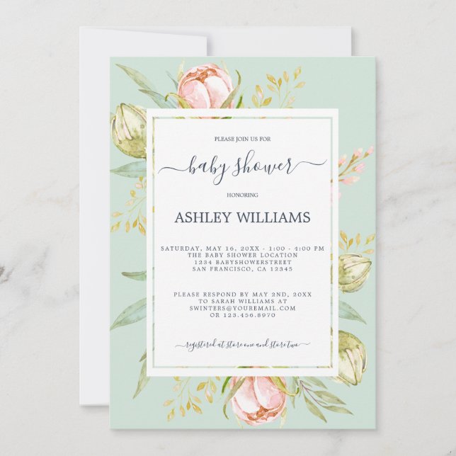 Blommigt Rosa Peony Rustic Boho Grönt Baby Shower Inbjudningar (Framsida)