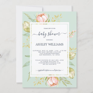 Blommigt Rosa Peony Rustic Boho Grönt Baby Shower Inbjudningar