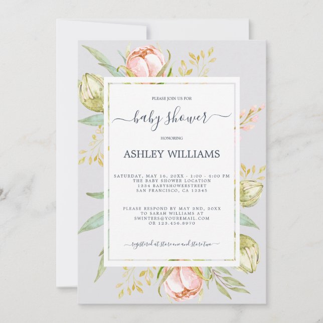 Blommigt Rosa Peony Rustic Boho Lila Baby Shower Inbjudningar (Framsida)