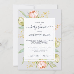 Blommigt Rosa Peony Rustic Boho Lila Baby Shower Inbjudningar