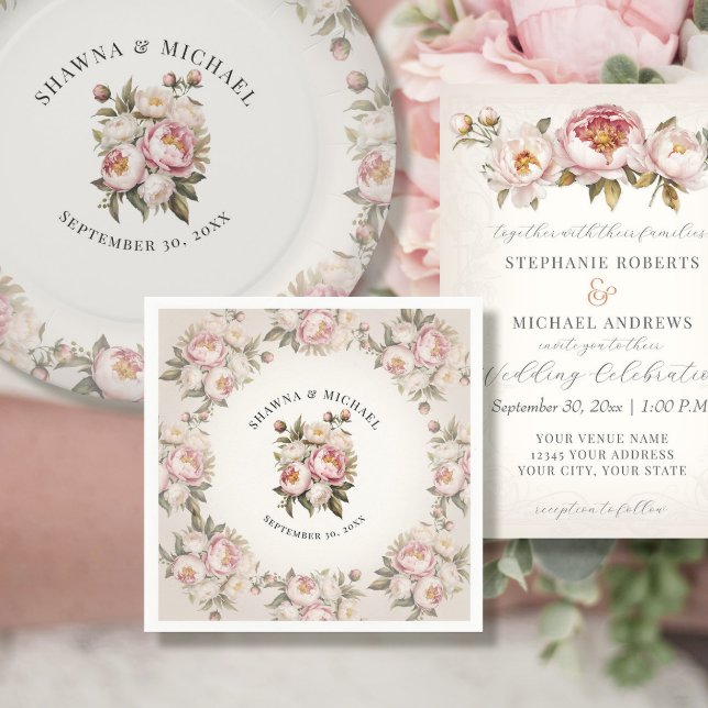 Blommigt Rosa Peony Watercolor Elegant bröllop Pappersservett (Skapare uppladdad)