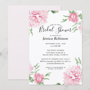 Blommigt Rosa Peony White Background Möhippa Inbjudningar