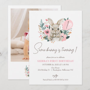 Blommigt Rosa Photo some Bunny 1st Birthday Inbjudningar