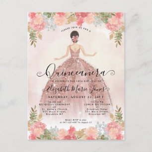 Blommigt Rosa Princess Birthday Quinceanera Inbjudan Vykort
