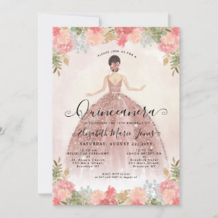 Blommigt Rosa Princess Birthday Quinceanera Inbjudningar