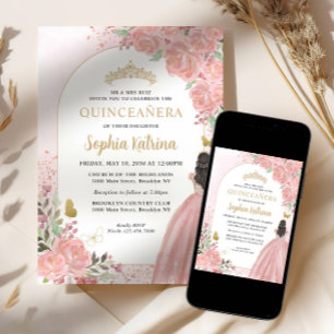 Blommigt Rosa Princess Birthday Quinceanera Inbjudningar