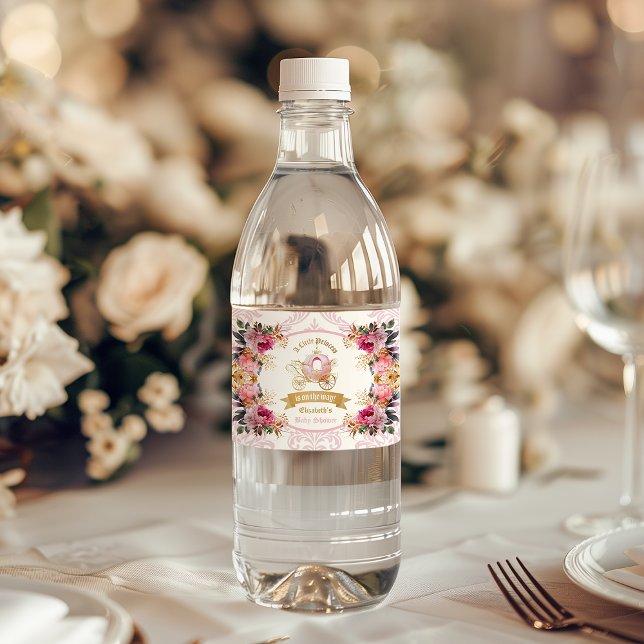 Blommigt Rosa Princess Carriage Baby Shower Vattenflaskor Etikett (Floral Pink Princess Carriage Baby Shower Water Bottle Label)