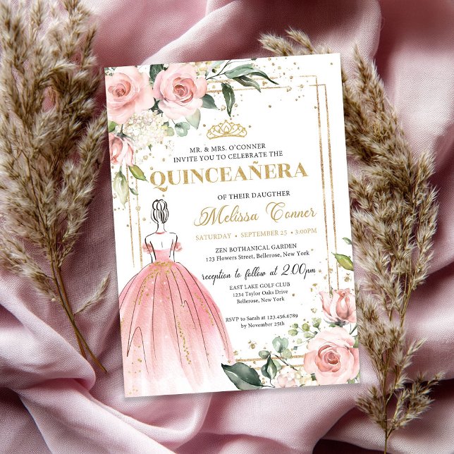  blommigt rosa princess dress guld tiara 15:e inbjudningar (Blush floral pink princess dress gold tiara 15th invitation)