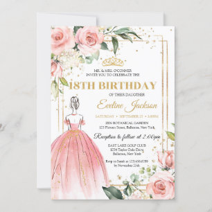 blommigt rosa princess dress guld tiara 18:e inbjudningar