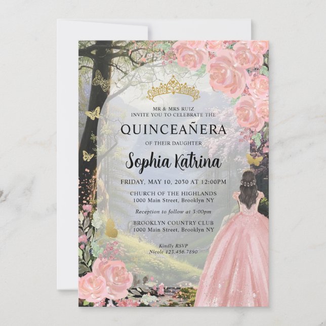 Blommigt Rosa Princess Forest Birthday Quinceanera Inbjudningar (Framsida)