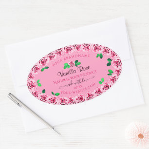 Blommigt Rosa Product Paket Labels Blommar Ro Ovalt Klistermärke