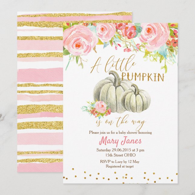 Blommigt Rosa Pumpkin Baby Shower för Guld Inbjudningar (Fram/baksida)