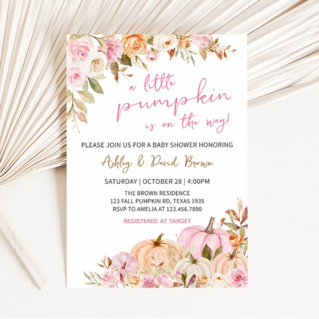 Blommigt Rosa Pumpkin Baby Shower Inbjudningar (Pink Floral Pumpkin Baby Shower Invitation)