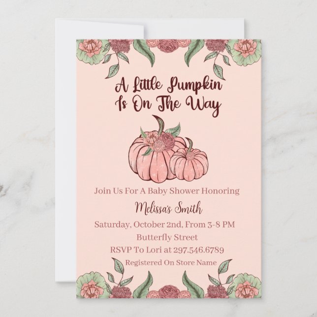 Blommigt Rosa Pumpkin Baby Shower Inbjudningar (Framsida)