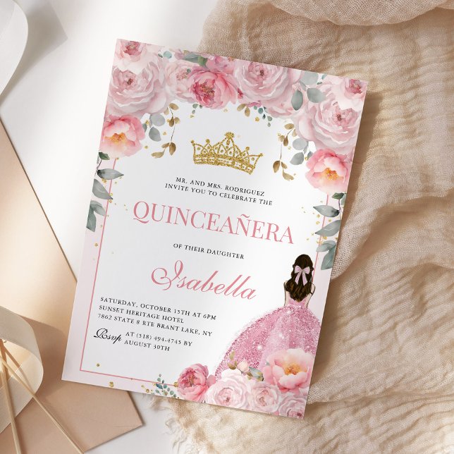 Blommigt  Rosa Quinceanera Guld Princess Inbjudningar (Skapare uppladdad)