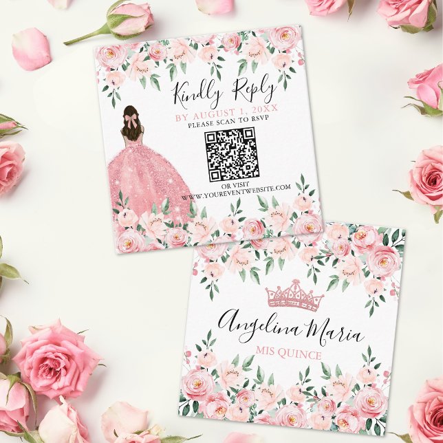 Blommigt  Rosa Quinceanera QR-OSA Tilläggskort (Floral Blush Pink Quinceanera QR Code RSVP Enclosure Card)