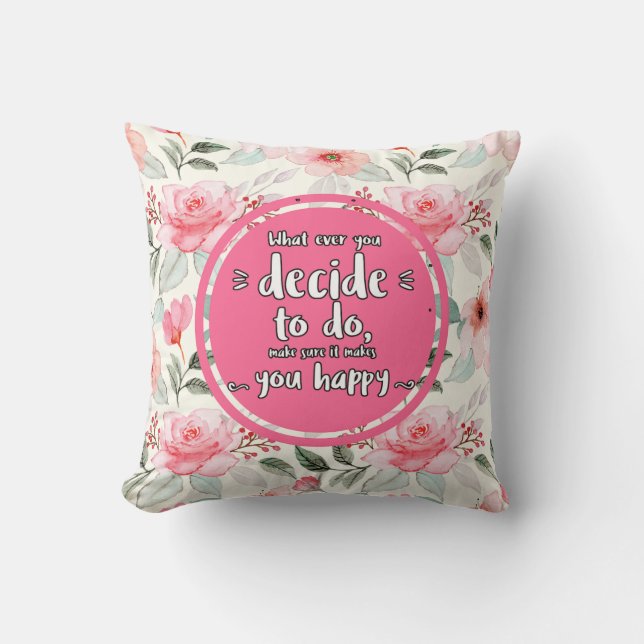 Blommigt Rosa Quote Happiness Pillow Kudde (Framsida)