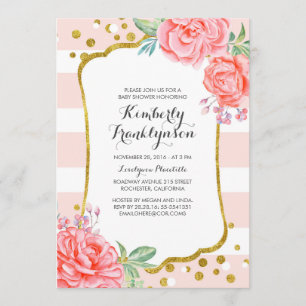 Blommigt Rosa Rand Guld confetti Baby Shower Inbjudningar