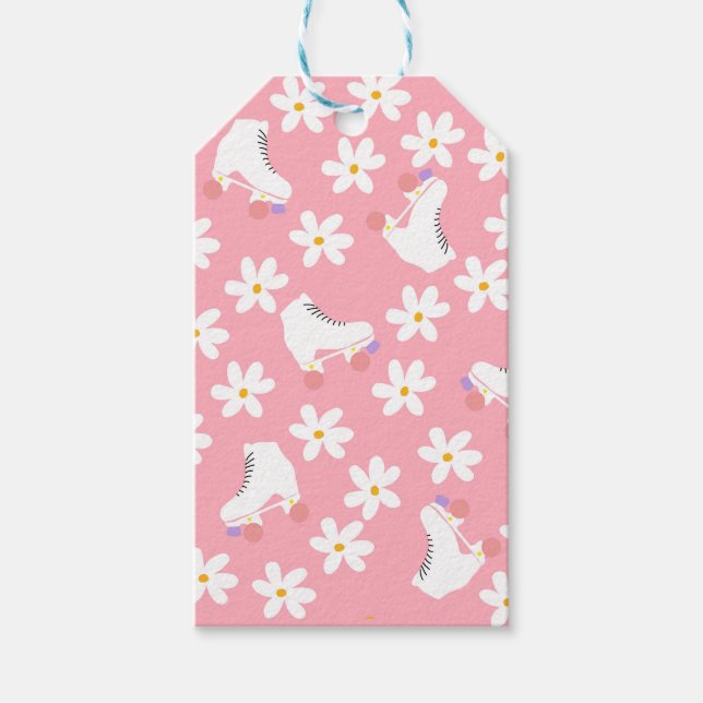 Blommigt Rosa Roller Skates Roller Skal Birthday Presentetikett (Framsidan)