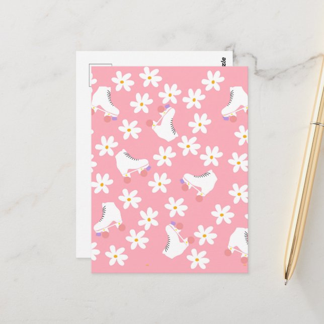 Blommigt Rosa Roller Skates Roller Sker Vykort (Fram/Back In Situ)