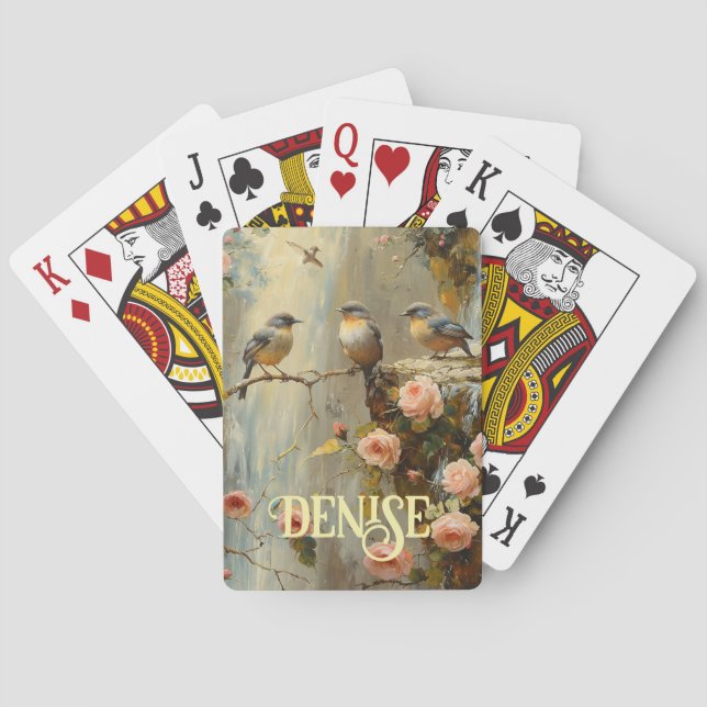 Blommigt Rosa ros Bird Deck of Cards Anpassningsba Casinokort (Baksidan)