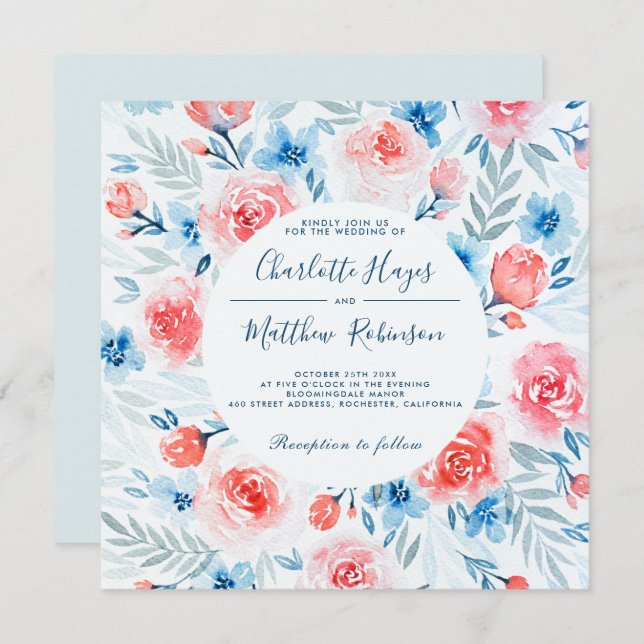 Blommigt Rosa ros Blåa blommor Watercolor Bröllop Inbjudningar (Fram/baksida)