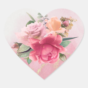 Blommigt Rosa ros Bouquet Hjärtformat Klistermärke