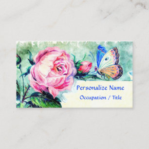 Blommigt Rosa ros Butterfly Watercolor Visitkort