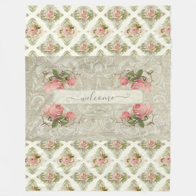 Blommigt Rosa ros Damask Vintage Modern välkomstpl Fleecefilt (Framsidan)