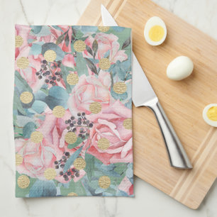 Blommigt rosa ros guld polka vintage, punktblått g kökshandduk