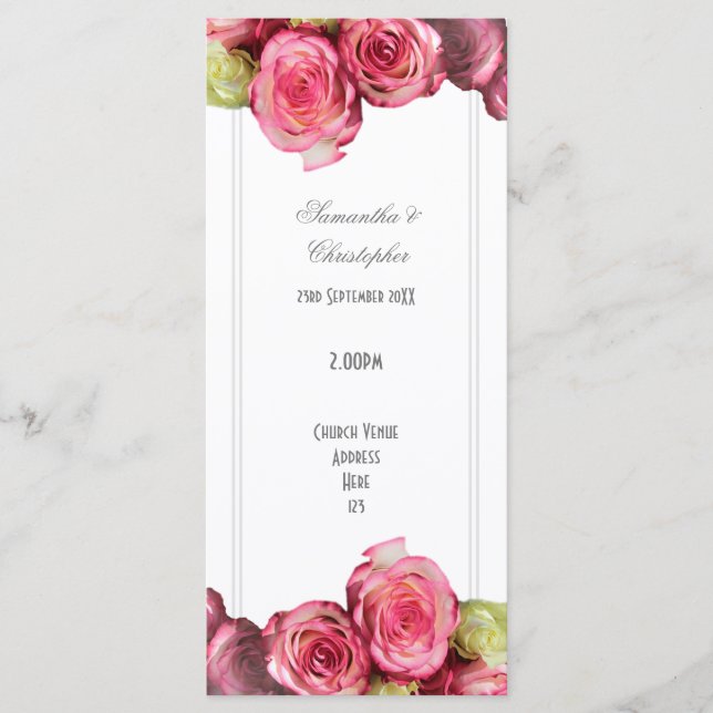 Blommigt rosa ros kyrka bröllopsprogram program (Framsida)