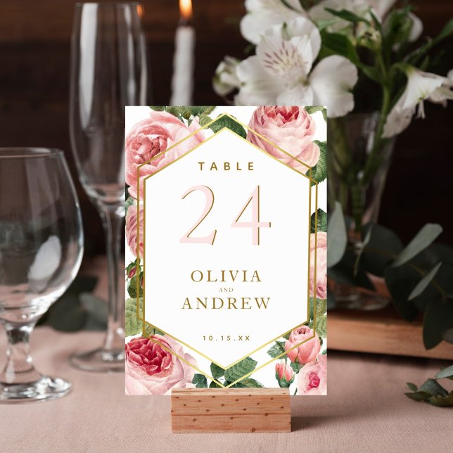 Blommigt Rosa ros med Guld Diamond Ram Bröllop Bordsnummer (Elegant watercolor pink rose design on this table number card is perfect for your wedding reception.)