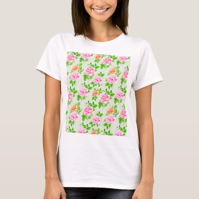 Blommigt Rosa ros Mönster-2367 T Shirt (Framsida)