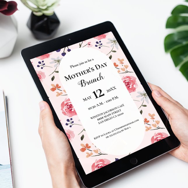 Blommigt Rosa ros Peonies Mors dag brunch Inbjudningar (Mother's day brunch digital download invitation. Pink roses, peonies watercolor pattern design.)