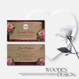 Blommigt Rosa ros Rustic Träd Bark Wood Grain Logo Visitkort