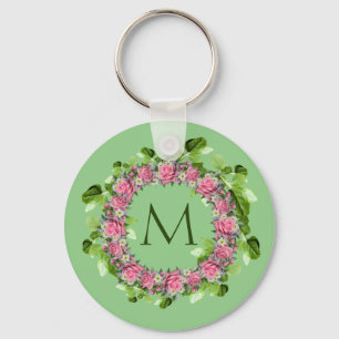 Blommigt Rosa ros Utandning Monogram Nyckelring