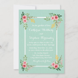 Blommigt Rosa ros Watercolor Mint Grönt Bröllop Inbjudningar