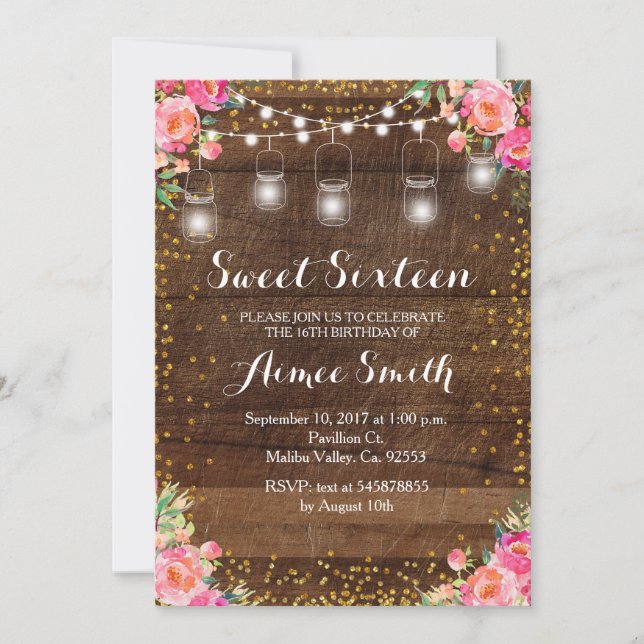 Blommigt rosa Rustic Sweet 16 Birthday Card Inbjudningar (Framsida)